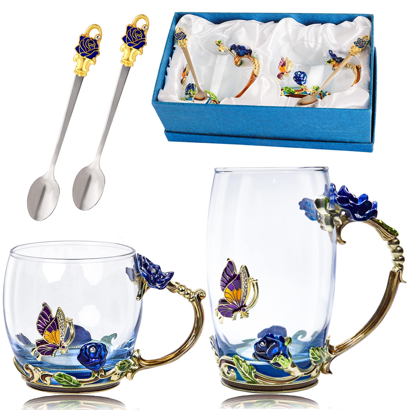 DUMVOIN rose flower enamel glass tea cup set - Blue